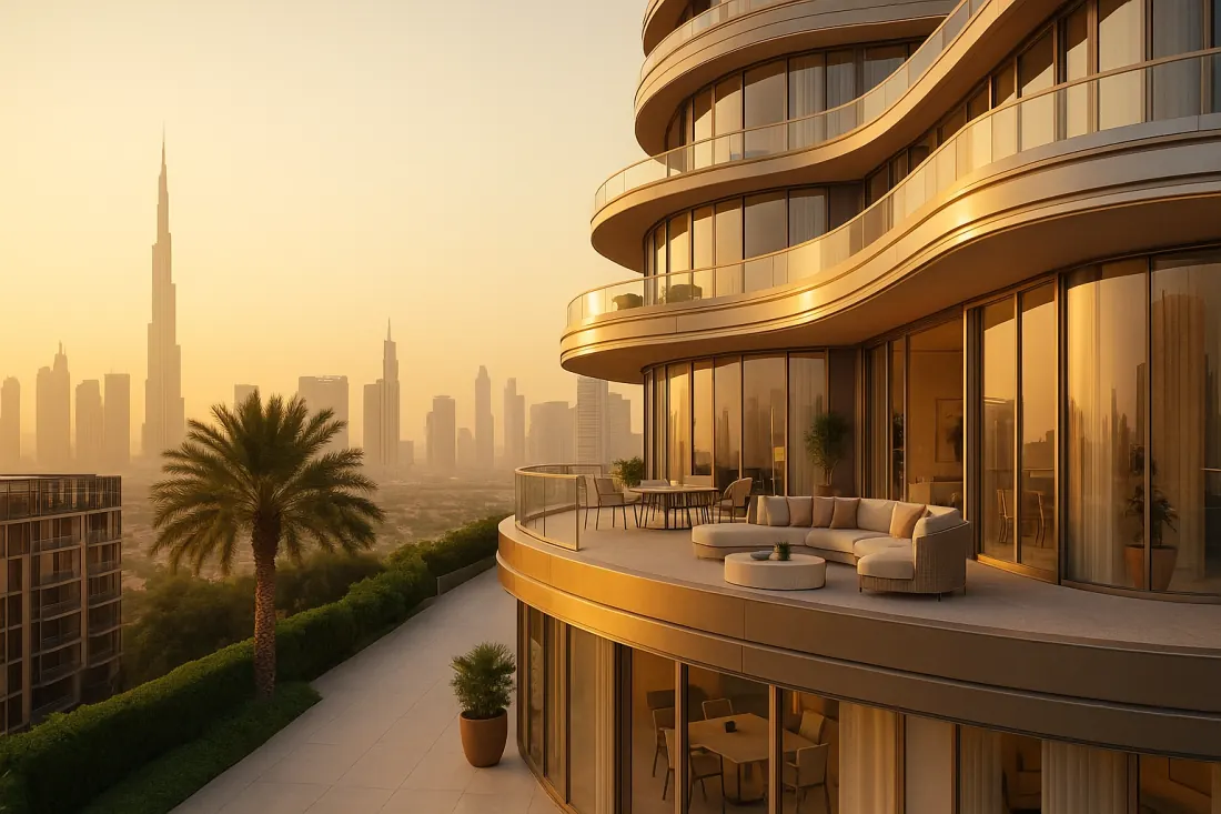 Luxury off-plan Dubai penthouse balcony overlooking Burj Khalifa Downtown Dubai skyline at sunset